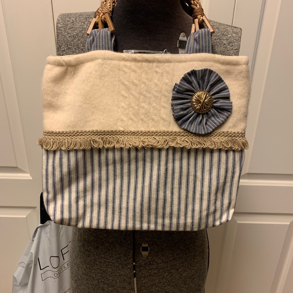 Striped Cream and Blue Tote Bag